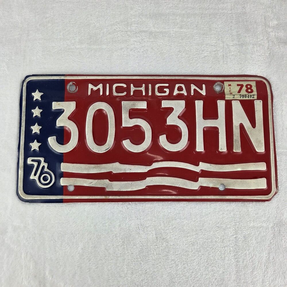 1976 Michigan Bicentennial License Plate 3053HN Red White Blue With 1978 Tag
